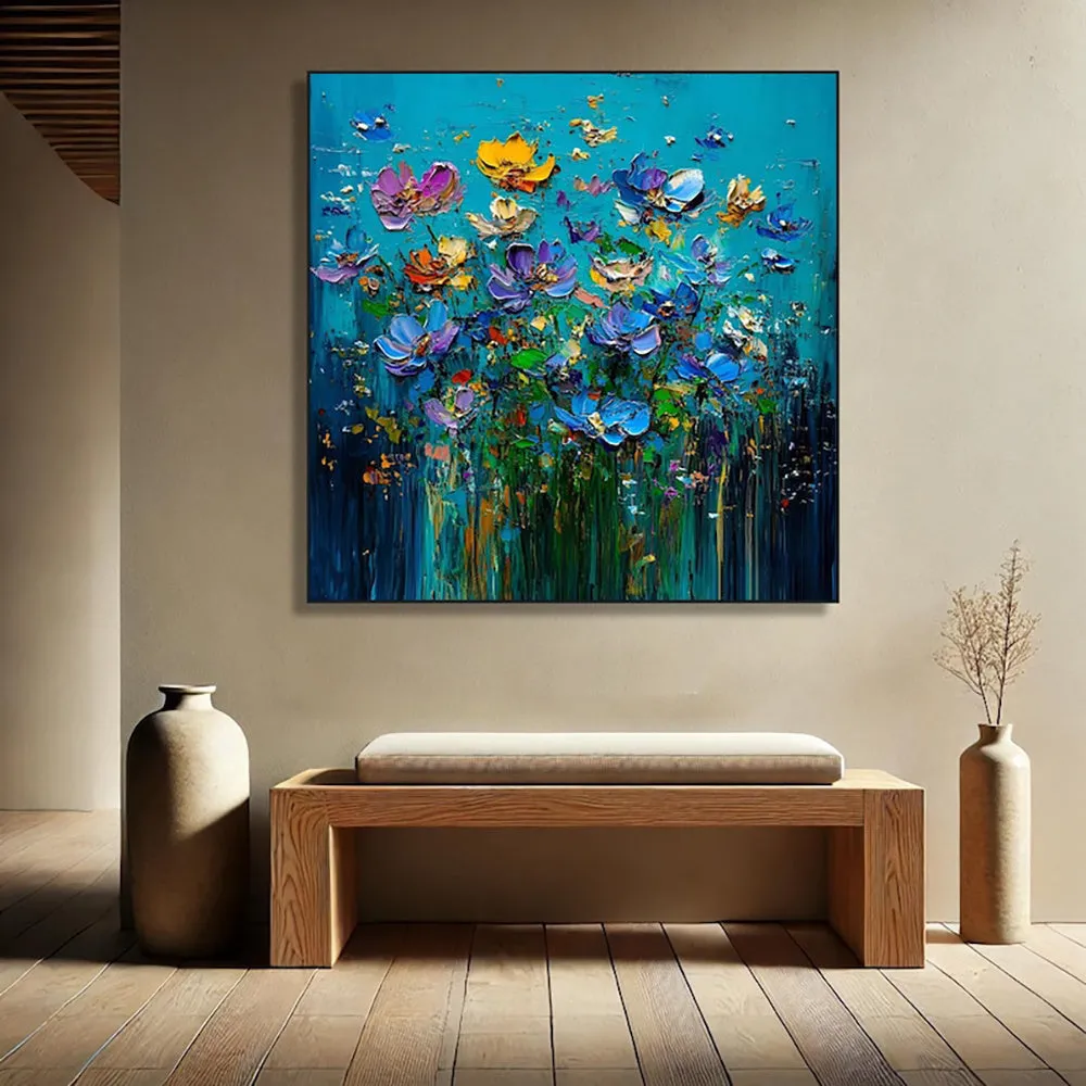 Hand-painted modern floral oil painting on canvas, square format, knife texture, one panel