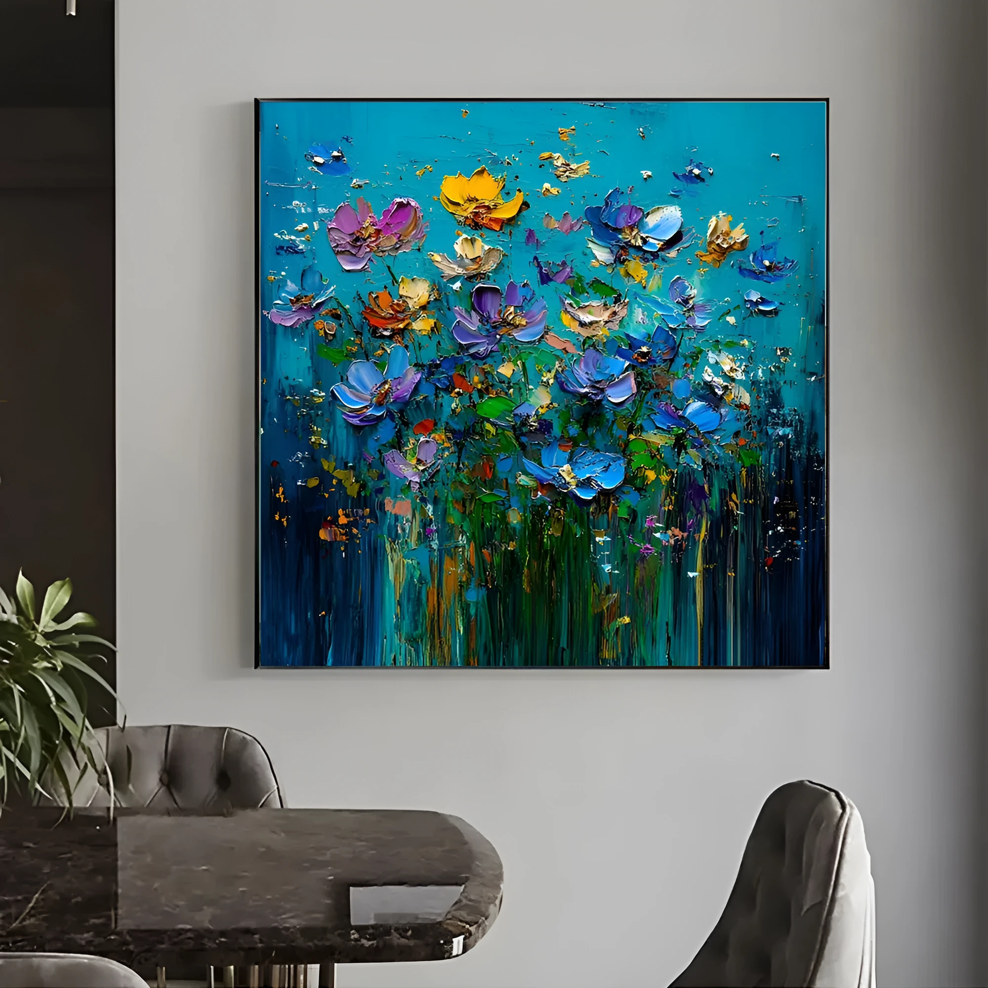 Hand-painted modern floral oil painting on canvas, square format, knife texture, one panel