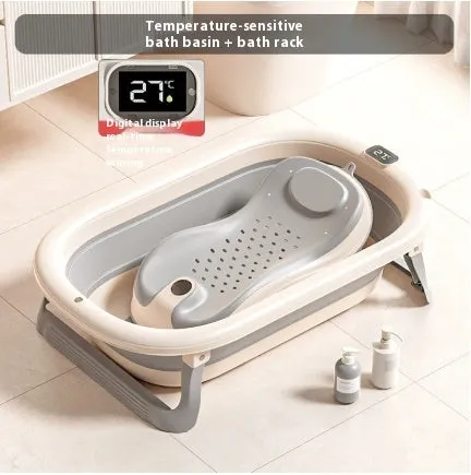 Home intelligent constant temperature large capacity baby folding bathtub in volcanic ash with digital temperature display