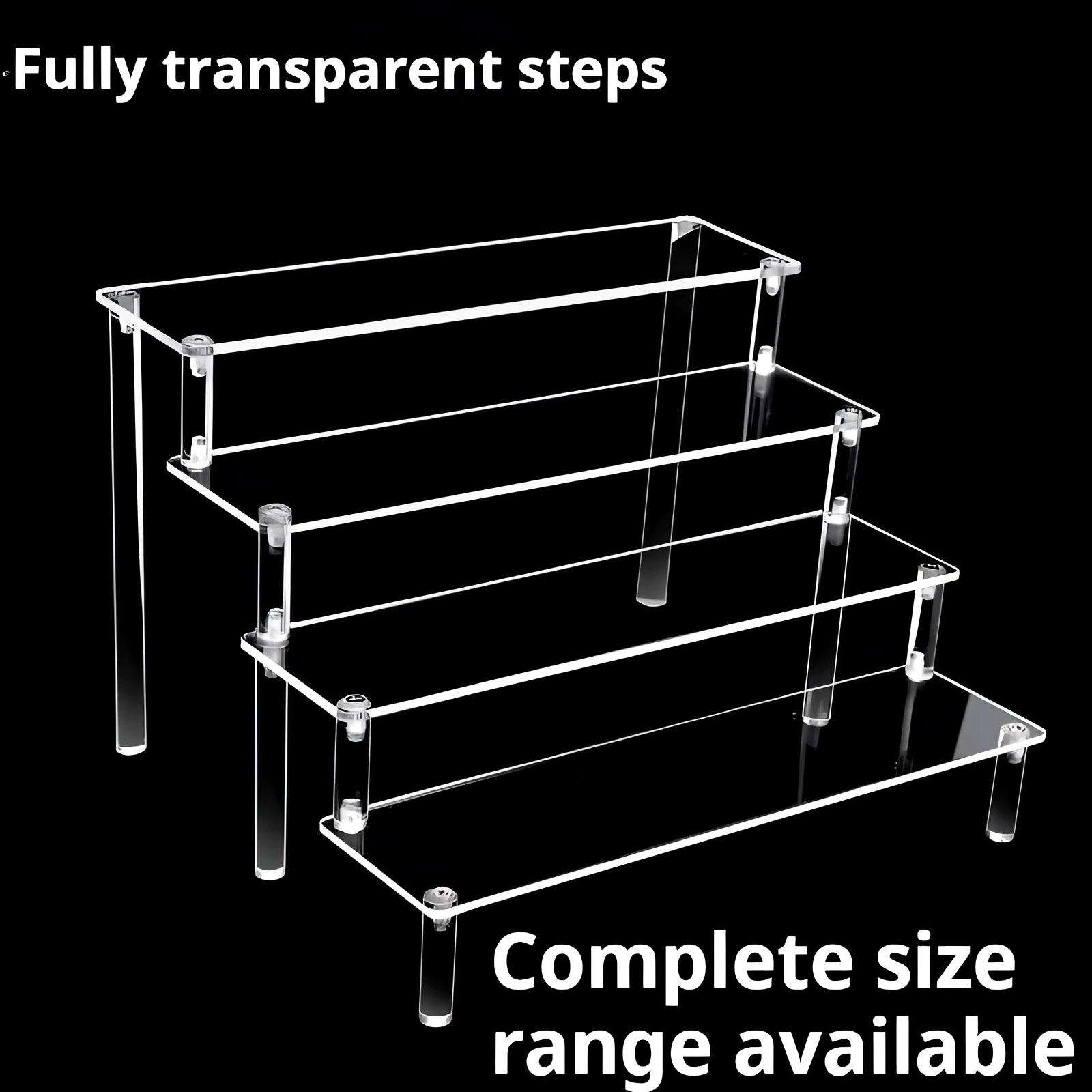 Transparent acrylic ladder display rack with three trapezoidal tiers showing blind box figurines on a desk