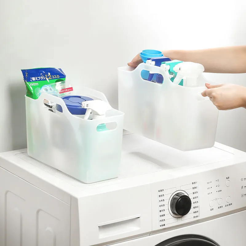 White PE plastic laundry detergent storage box with handle on a clean surface