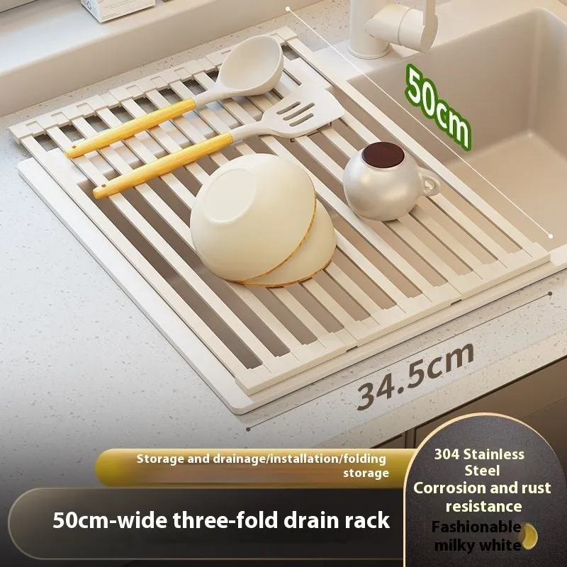 Milky white foldable stainless steel kitchen draining rack showing tri-fold mechanism