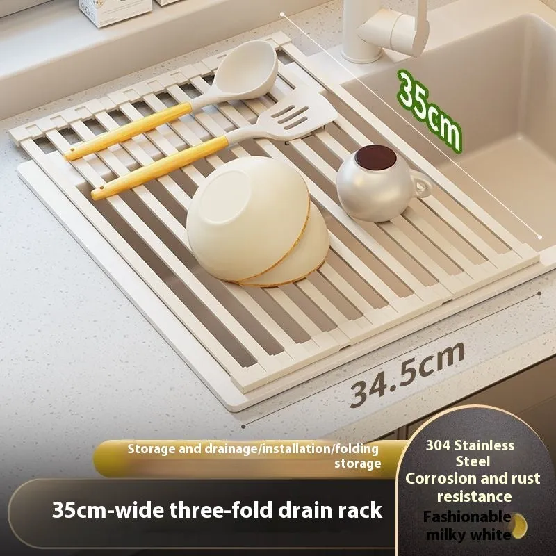 Milky white foldable stainless steel kitchen draining rack showing tri-fold mechanism