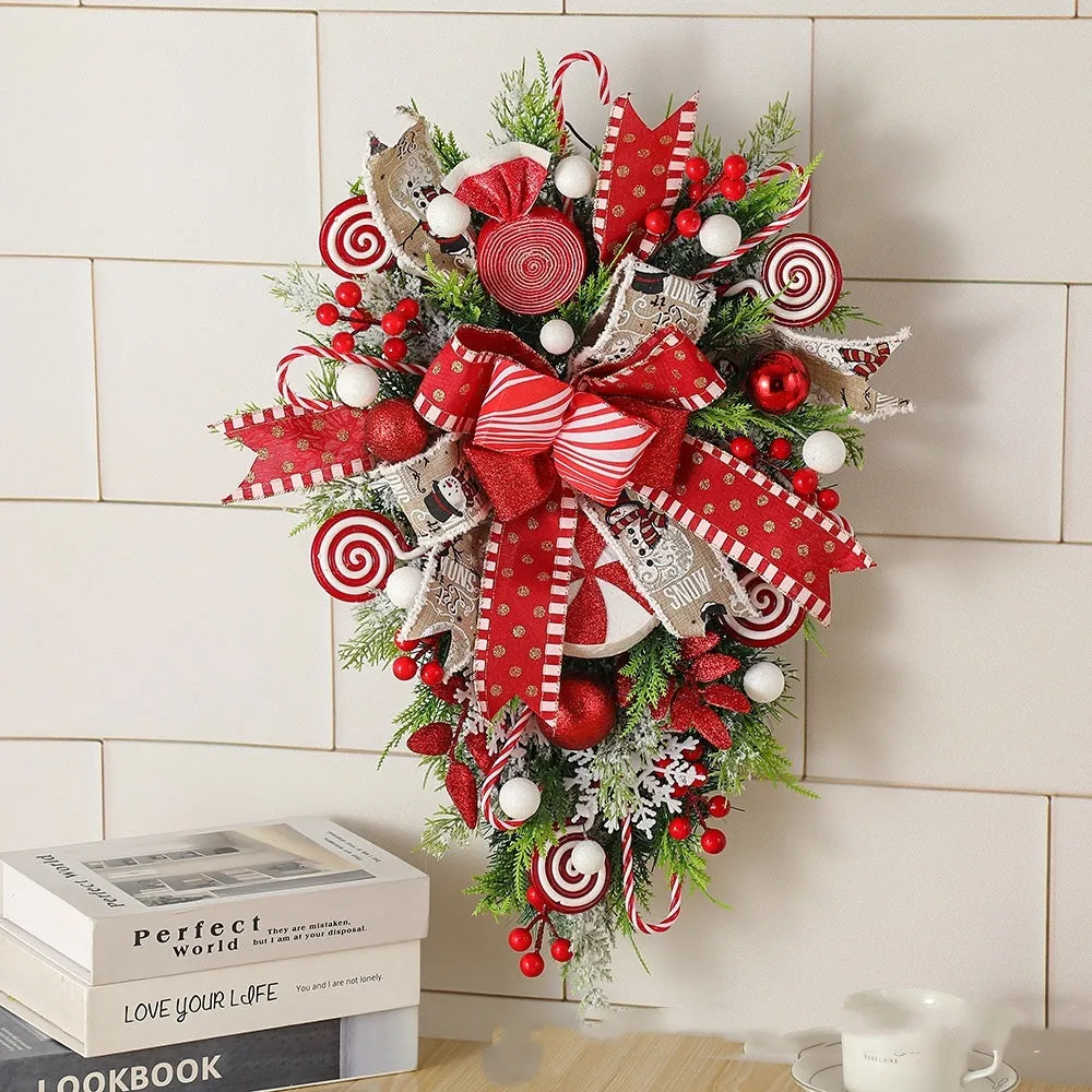 Artificial Christmas candy upside down tree garland in plastic, 50cm size, with yellow ribbon loops for hanging