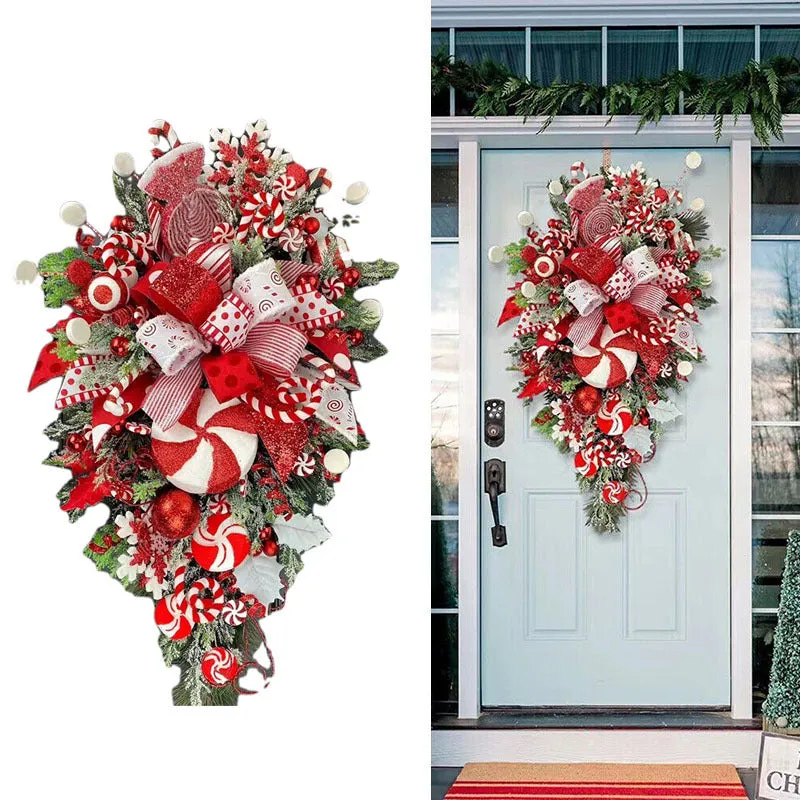 Artificial Christmas candy upside down tree garland in plastic, 50cm size, with yellow ribbon loops for hanging
