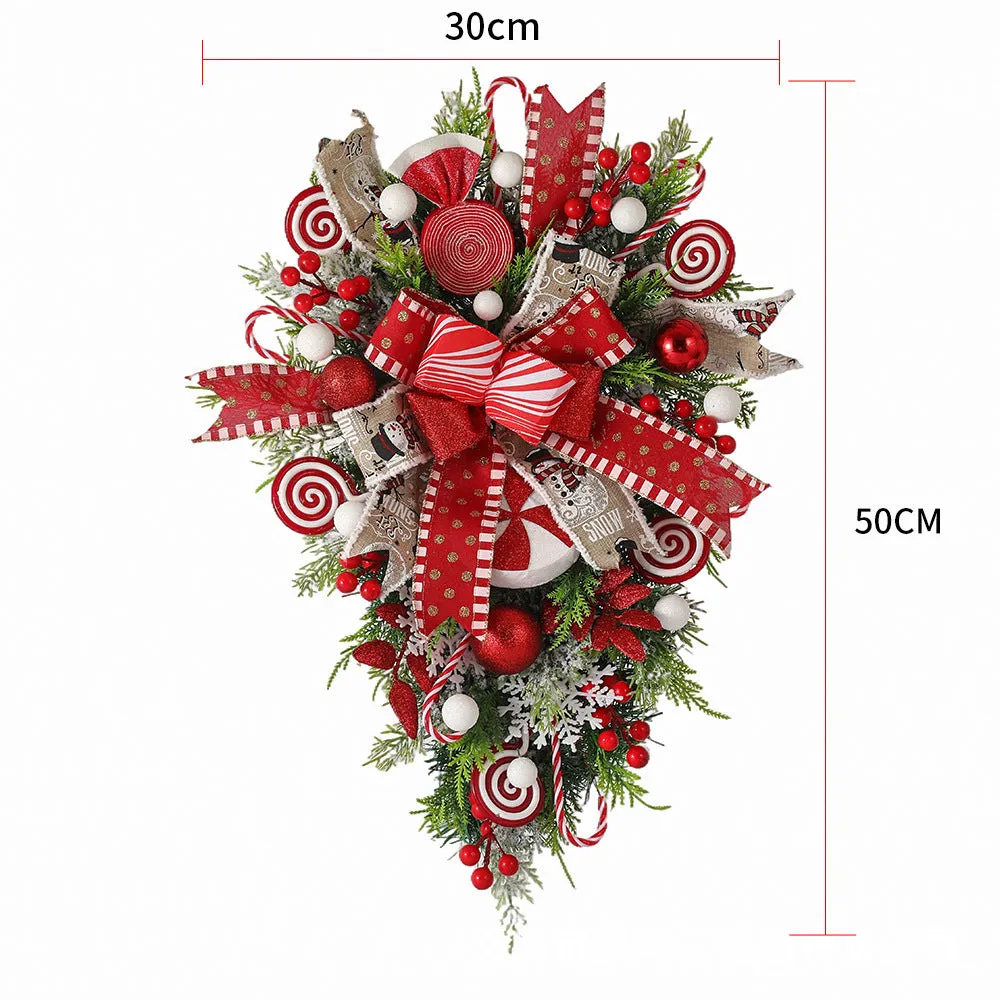 Artificial Christmas candy upside down tree garland in plastic, 50cm size, with yellow ribbon loops for hanging