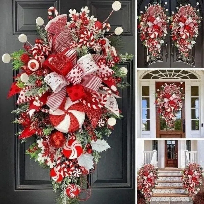 Artificial Christmas candy upside down tree garland in plastic, 50cm size, with yellow ribbon loops for hanging