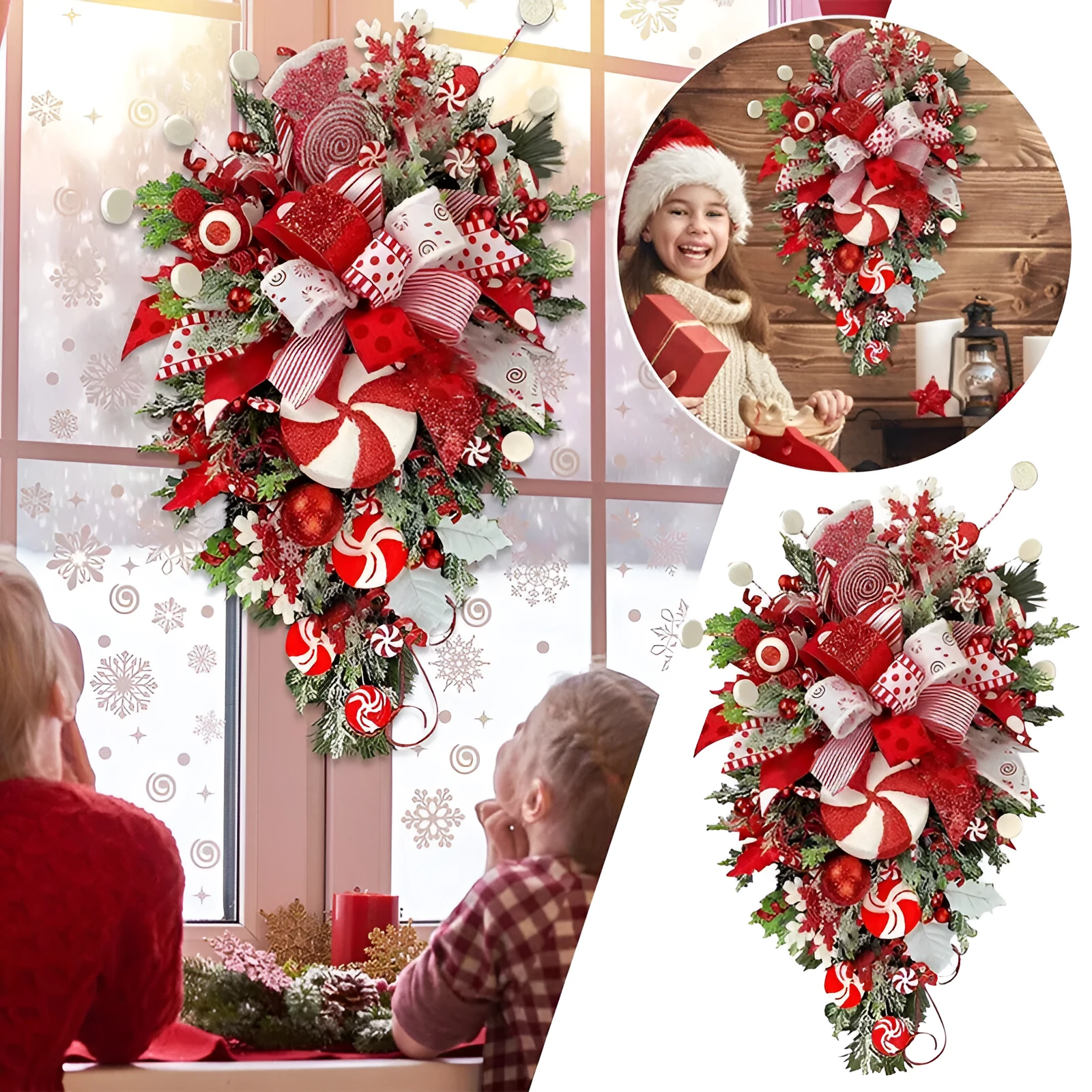 Artificial Christmas candy upside down tree garland in plastic, 50cm size, with yellow ribbon loops for hanging