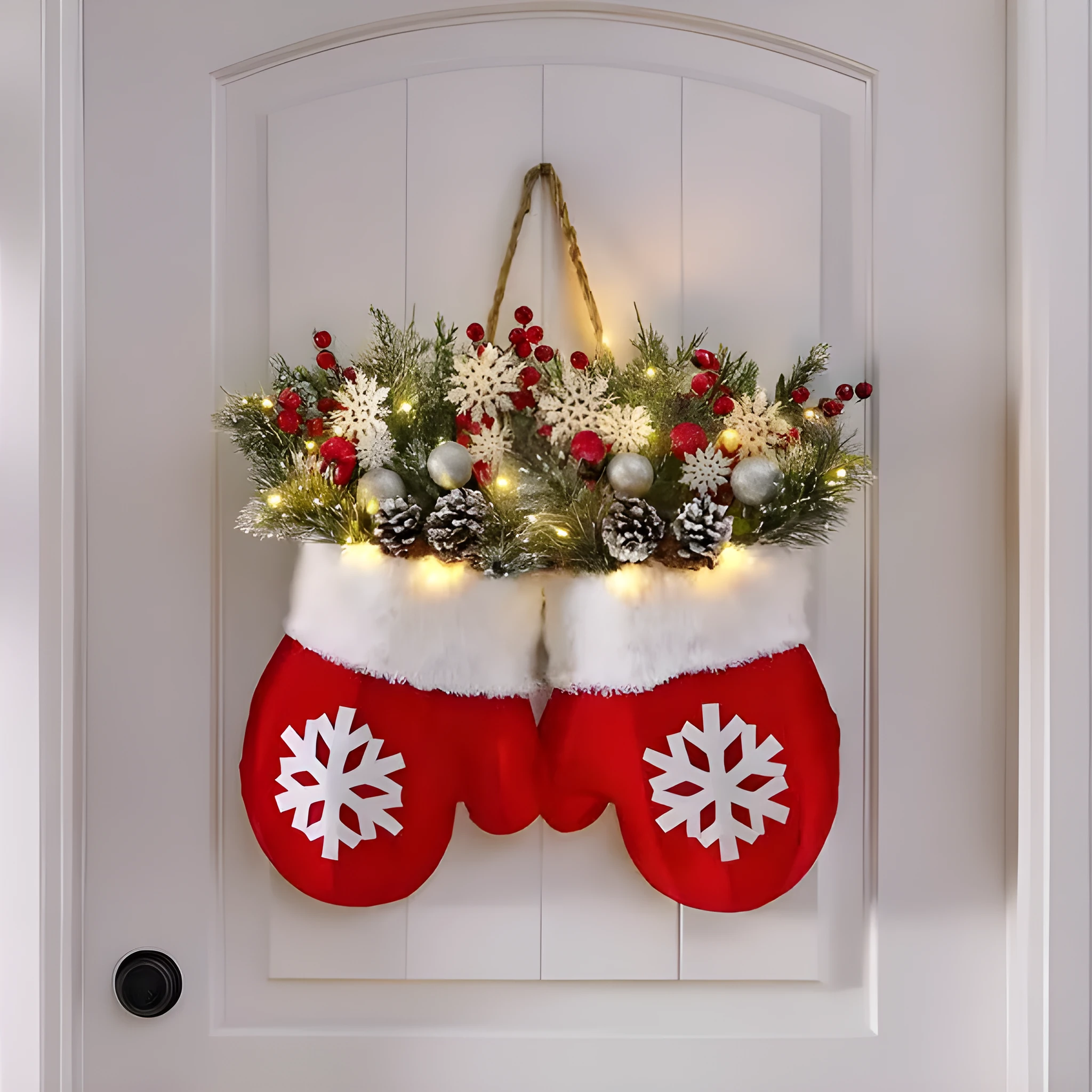 Christmas crutch candy lollipop gloves ornament made of non-woven fabric, approximately 30 by 27 cm, in non-luminous style on a tree branch