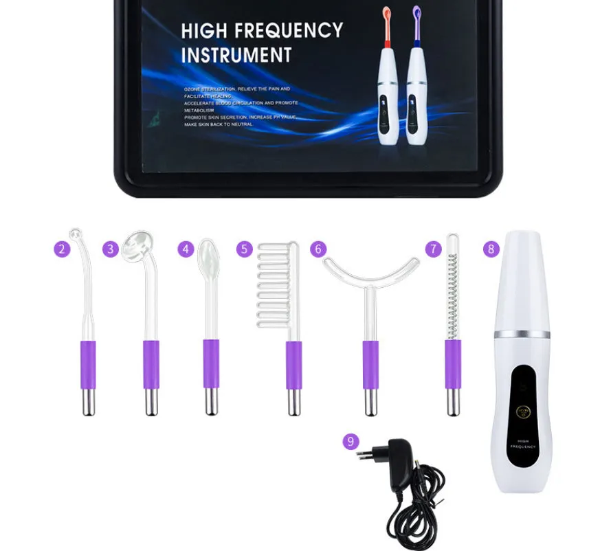 High frequency beauty instrument electrotherapy rod with purple light and six-piece set for home use