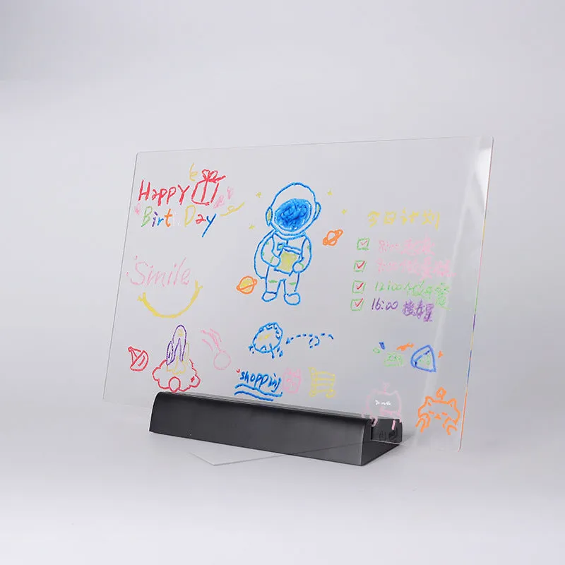 ABS acrylic RGB luminous message board with stand, crayons, and cleaning cloth on desk