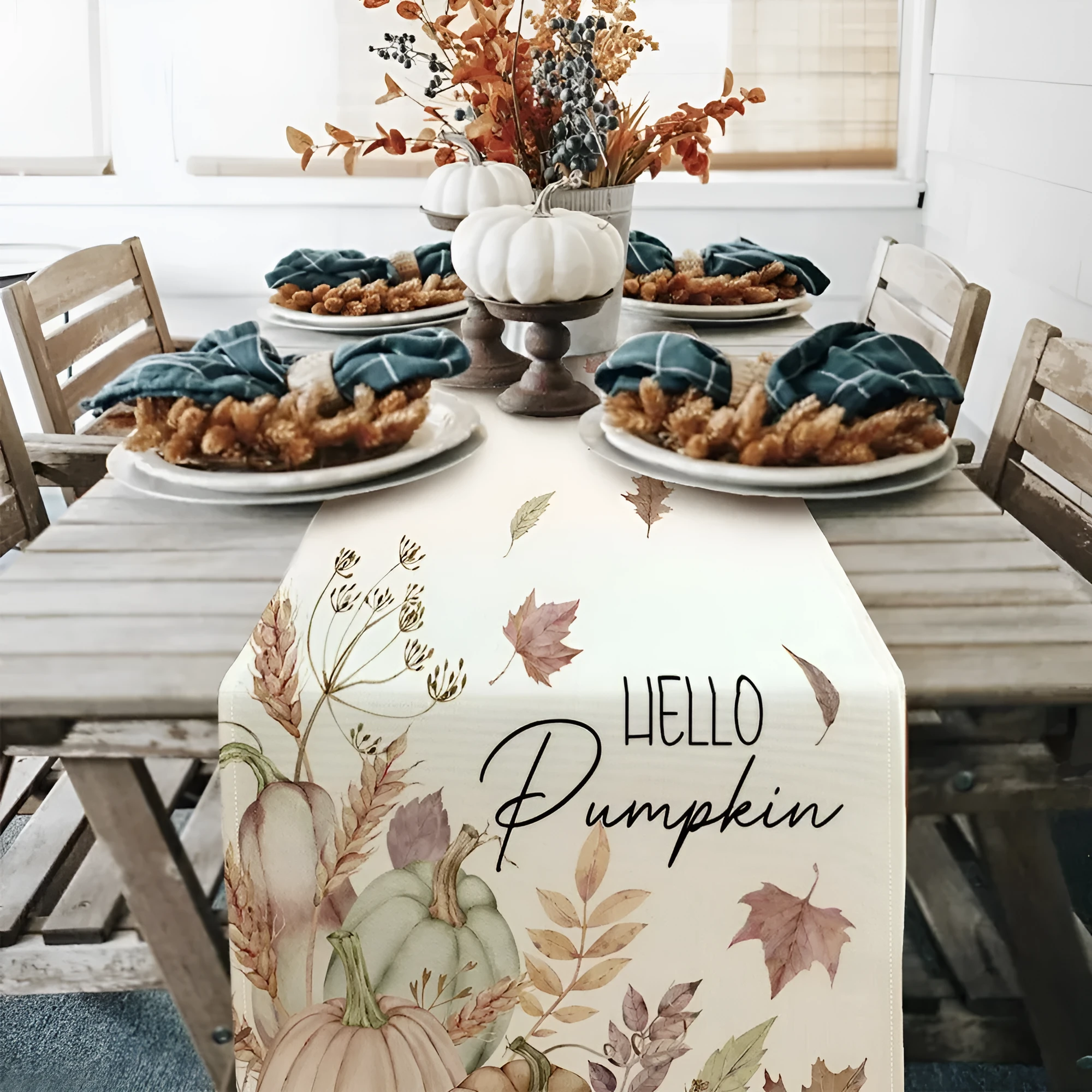 Beige polyester fibre table runner 33x183cm with flower grass leaf pattern for Thanksgiving holiday decoration