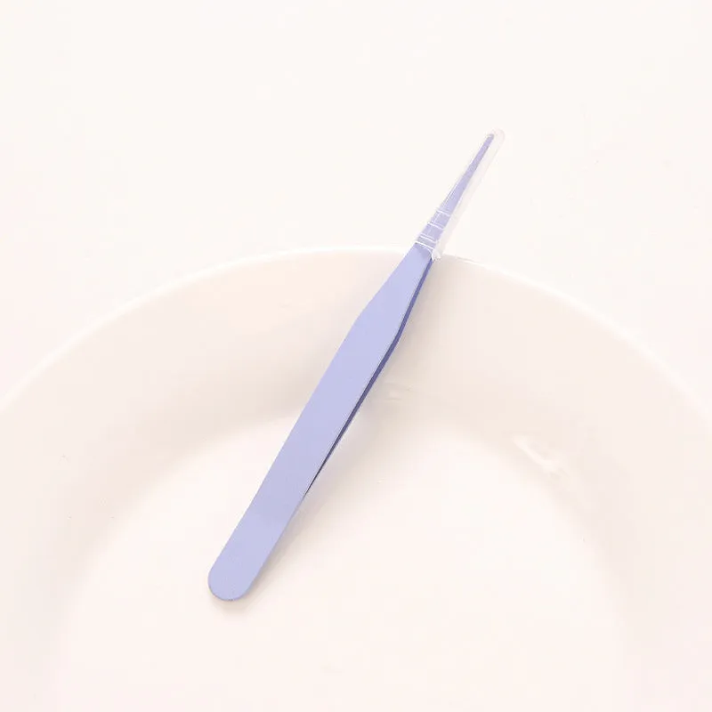 Set of DIY coloured pointed and elbow tweezers in pink blue and purple