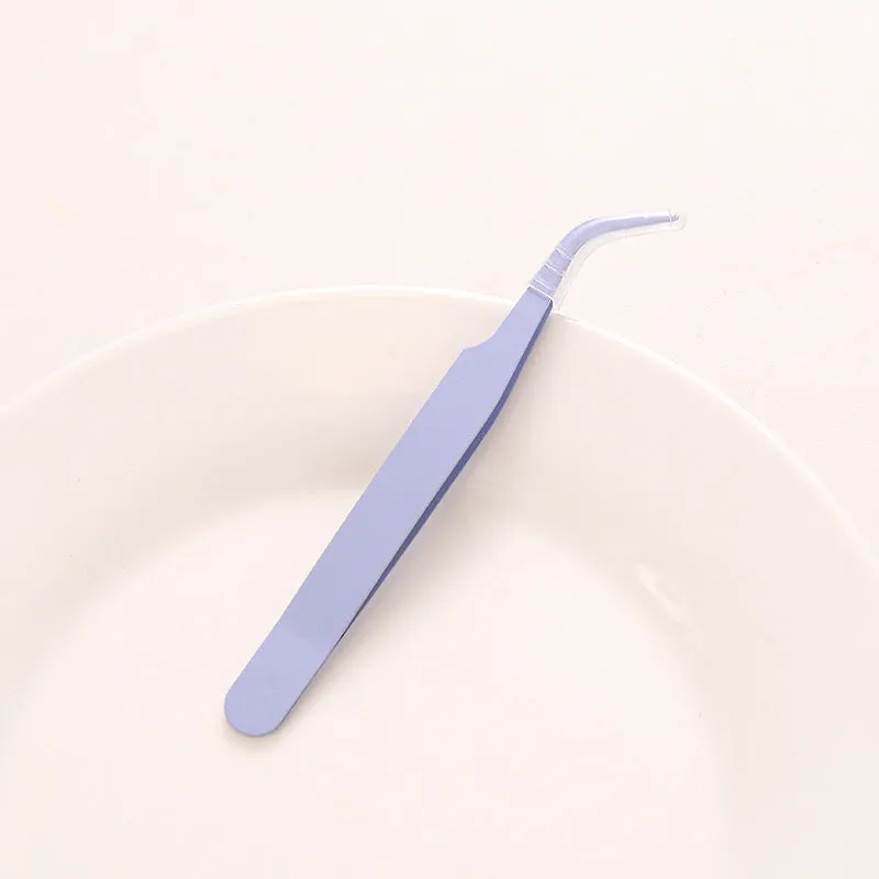 Set of DIY coloured pointed and elbow tweezers in pink blue and purple
