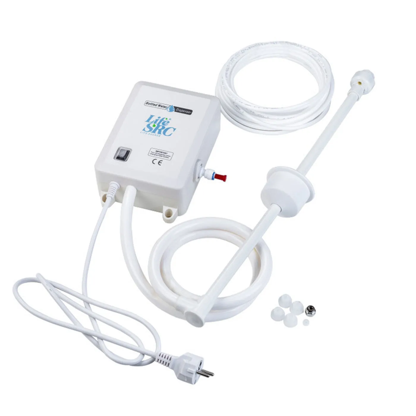 Food-grade plastic electric water pump BWD1200 with US plug on a bottled water container