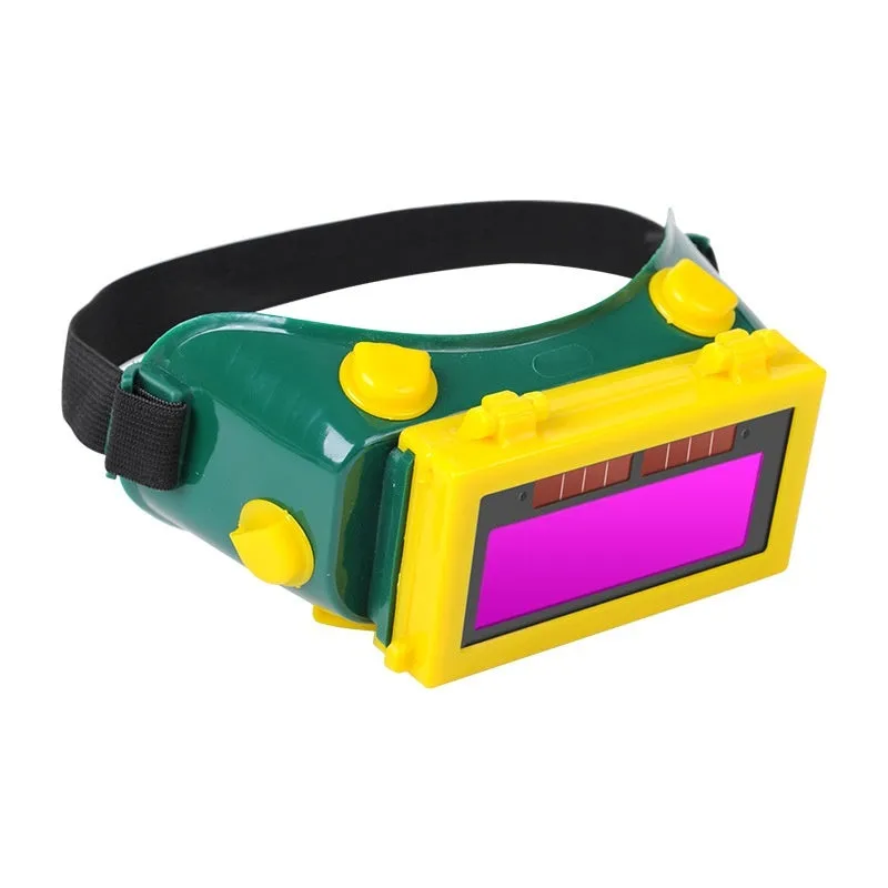 Light-changing electric welding glasses head-mounted type in green with flip dimmer and PVC frame
