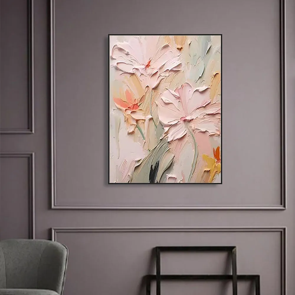 Handmade oil painting canvas wall art with thick 3D texture flowers modern abstract vertical shape multiple sizes