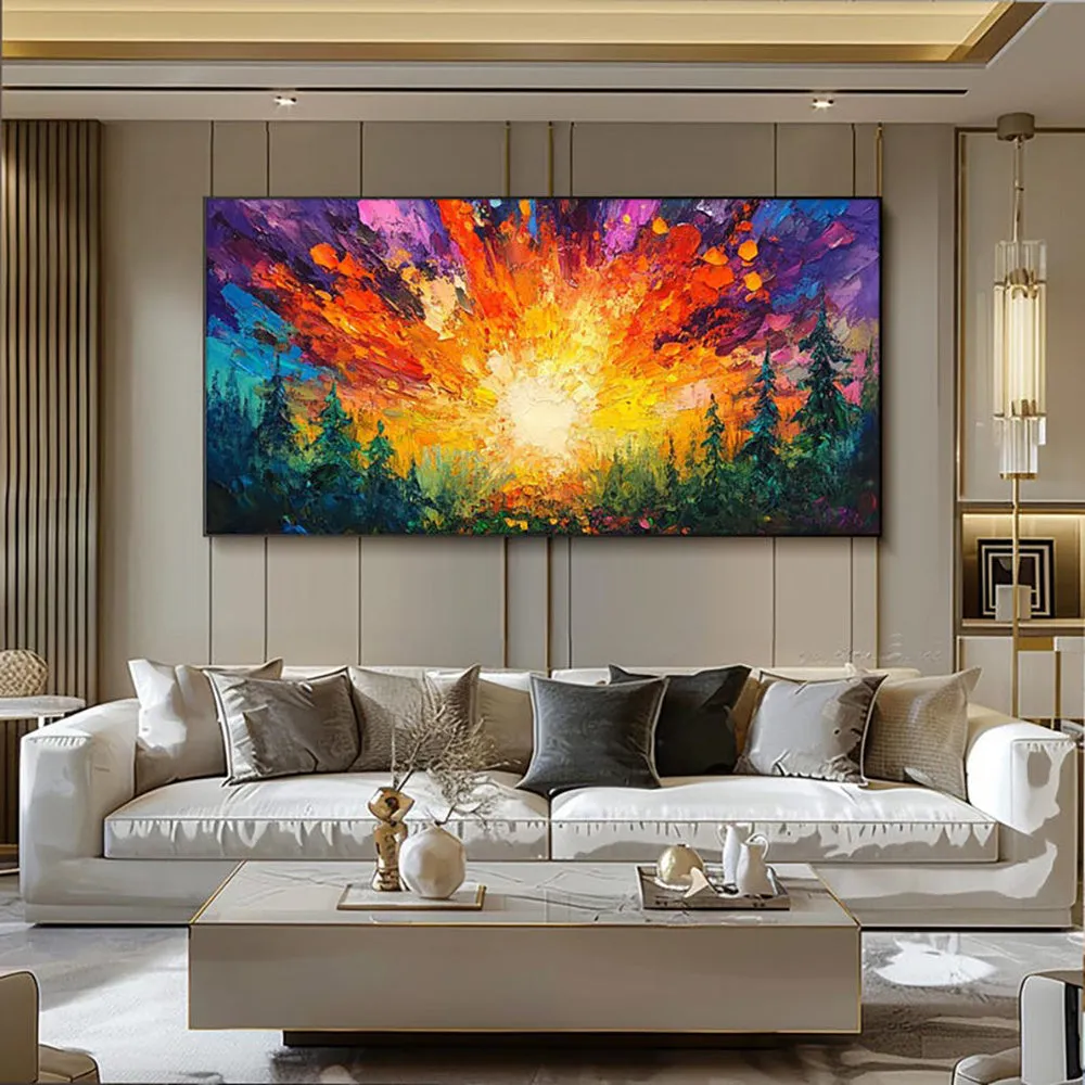 Hand-painted oil painting of sun rising in deep forest with brilliant light, modern landscape canvas art on wall