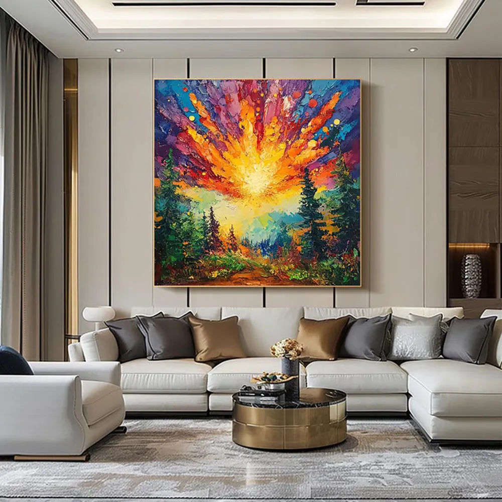 Hand-painted oil painting of sun rising in deep forest with brilliant light, modern landscape canvas art on wall