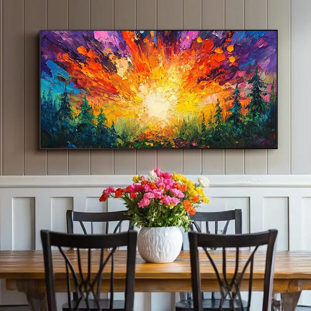 Hand-painted oil painting of sun rising in deep forest with brilliant light, modern landscape canvas art on wall