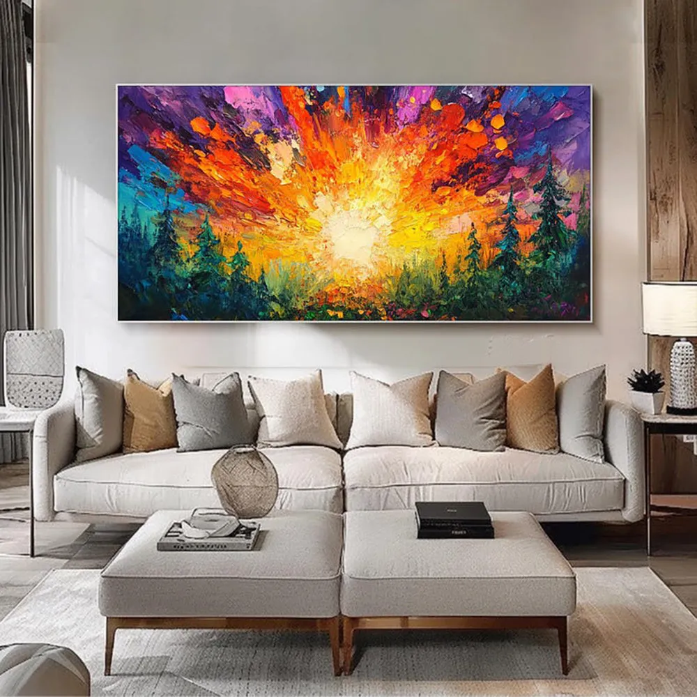 Hand-painted oil painting of sun rising in deep forest with brilliant light, modern landscape canvas art on wall