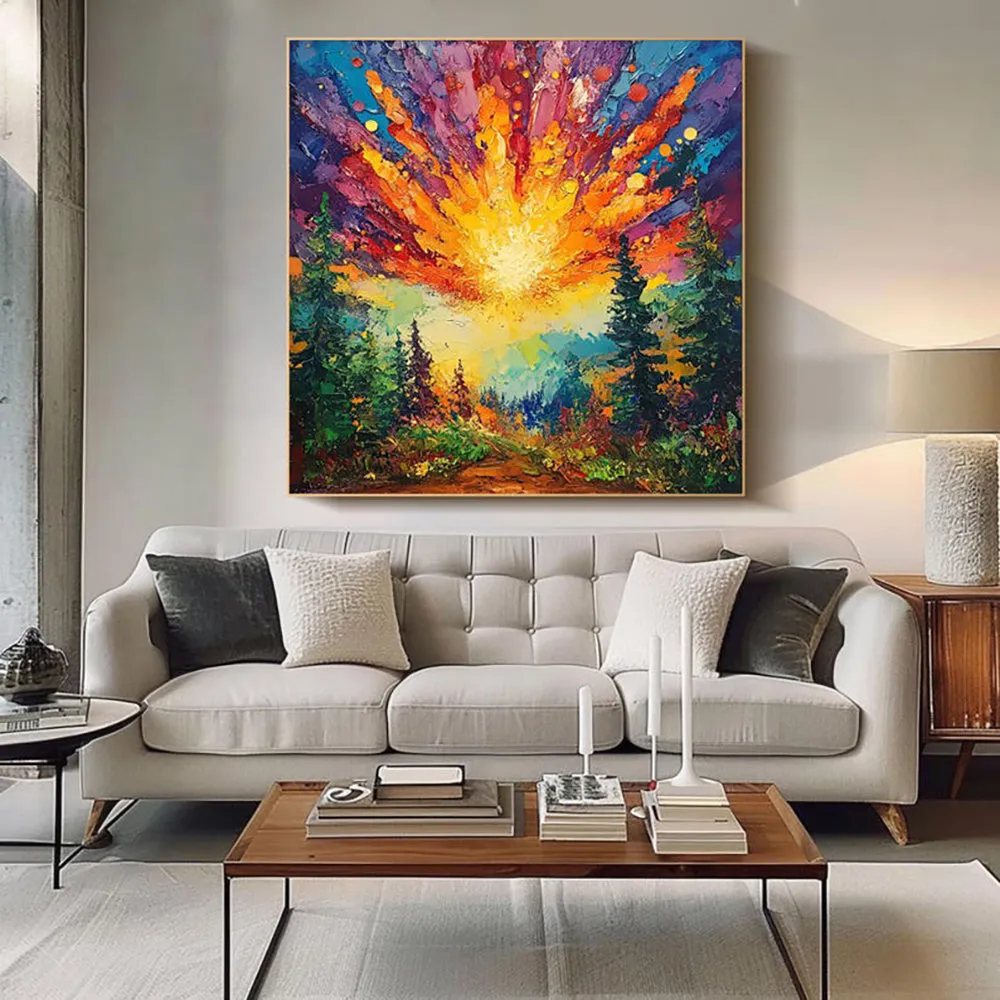 Hand-painted oil painting of sun rising in deep forest with brilliant light, modern landscape canvas art on wall