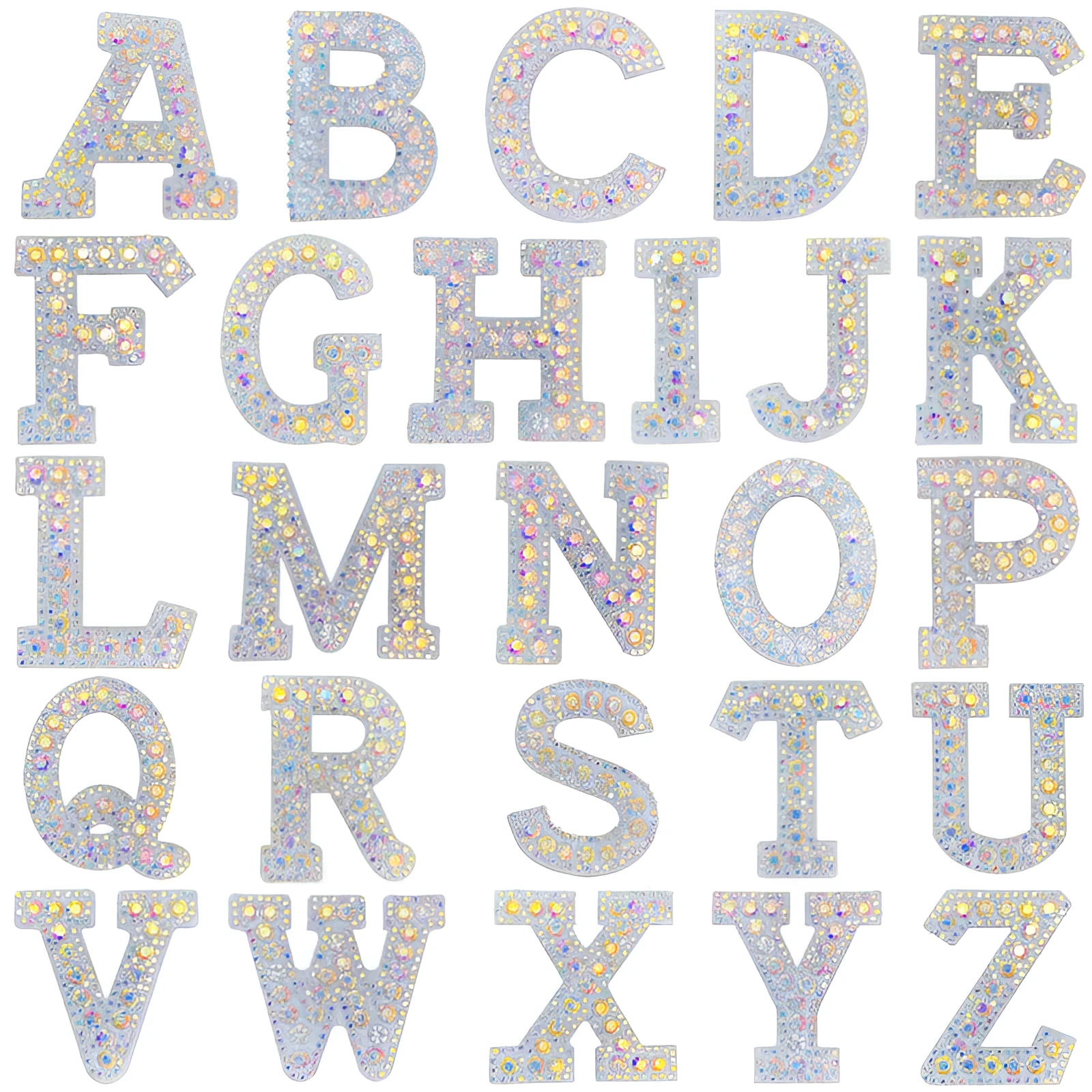 AB colour rhinestone letter emblem badge patch cloth sticker self-adhesive on white background