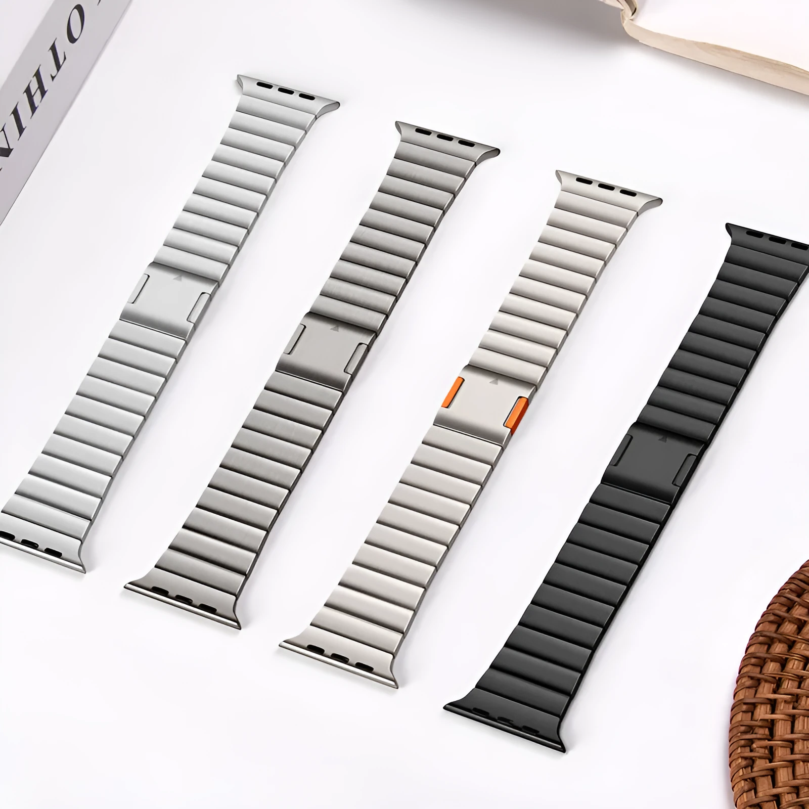 Stainless steel magnetic clasp Apple Watch strap in business style design showing seven colour options