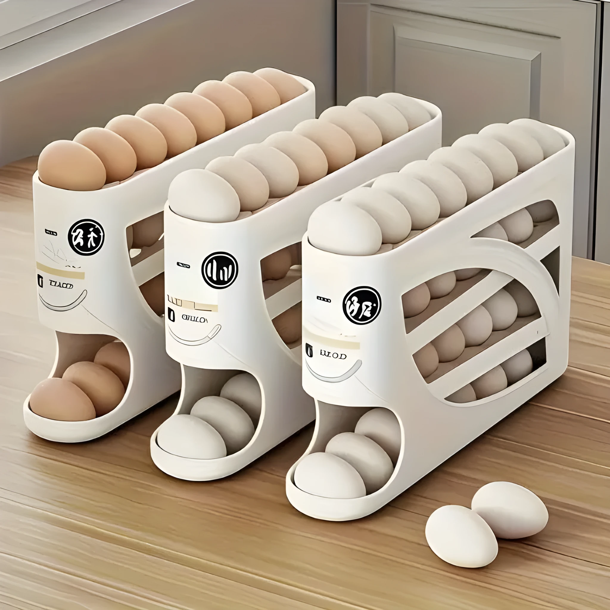 Rolling slide egg storage box for refrigerator, plastic 4 layer, beige colour