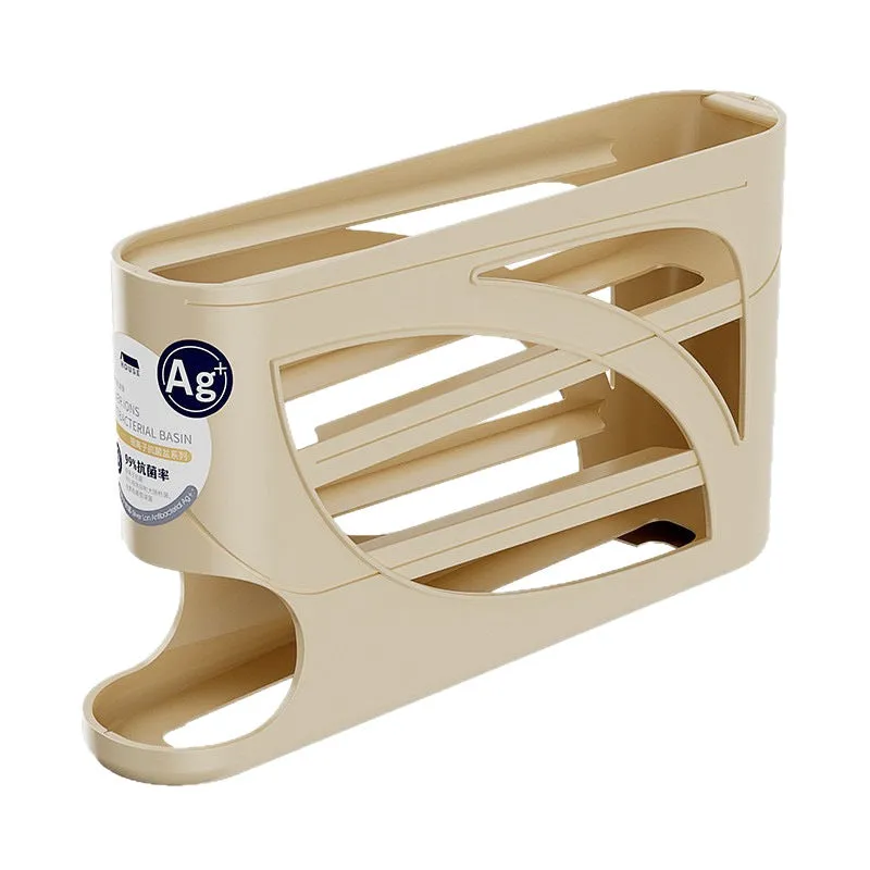 Rolling slide egg storage box for refrigerator, plastic 4 layer, beige colour