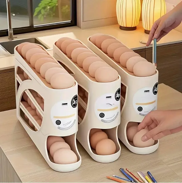 Rolling slide egg storage box for refrigerator, plastic 4 layer, beige colour