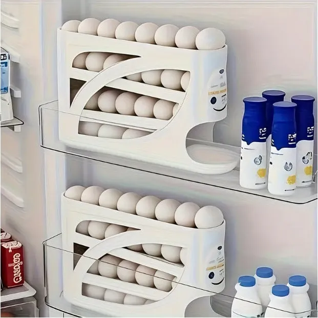 Rolling slide egg storage box for refrigerator, plastic 4 layer, beige colour