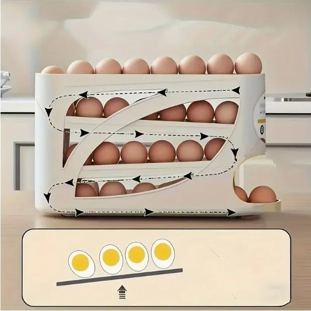 Rolling slide egg storage box for refrigerator, plastic 4 layer, beige colour