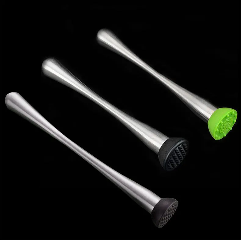 Stainless steel ice crushing hammer with 25cm straight body on a wooden bar surface