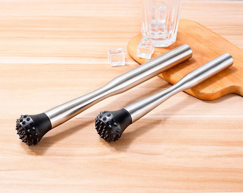 Stainless steel ice crushing hammer with 25cm straight body on a wooden bar surface