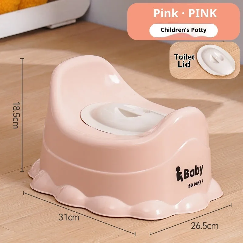 Children's small portable thickened toilet in green with lid, made of PP plastic, front view