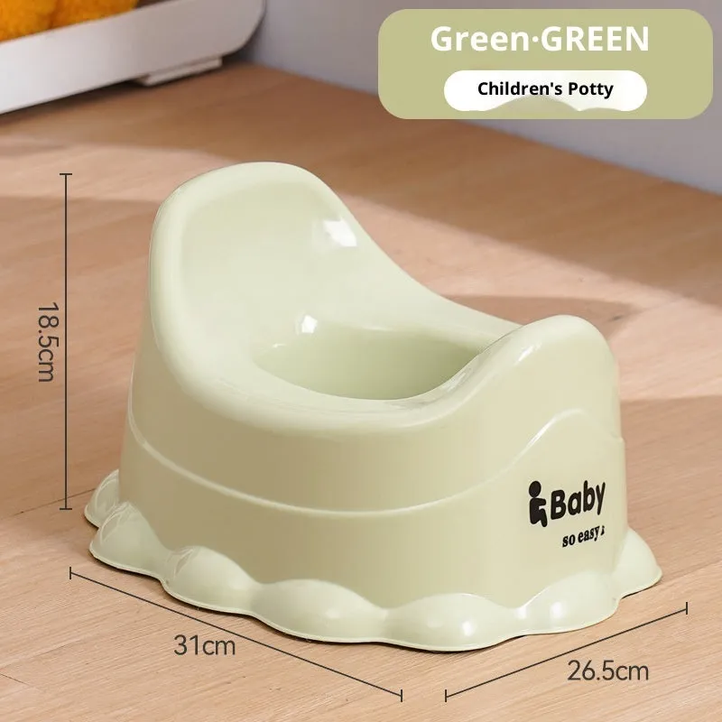 Children's small portable thickened toilet in green with lid, made of PP plastic, front view