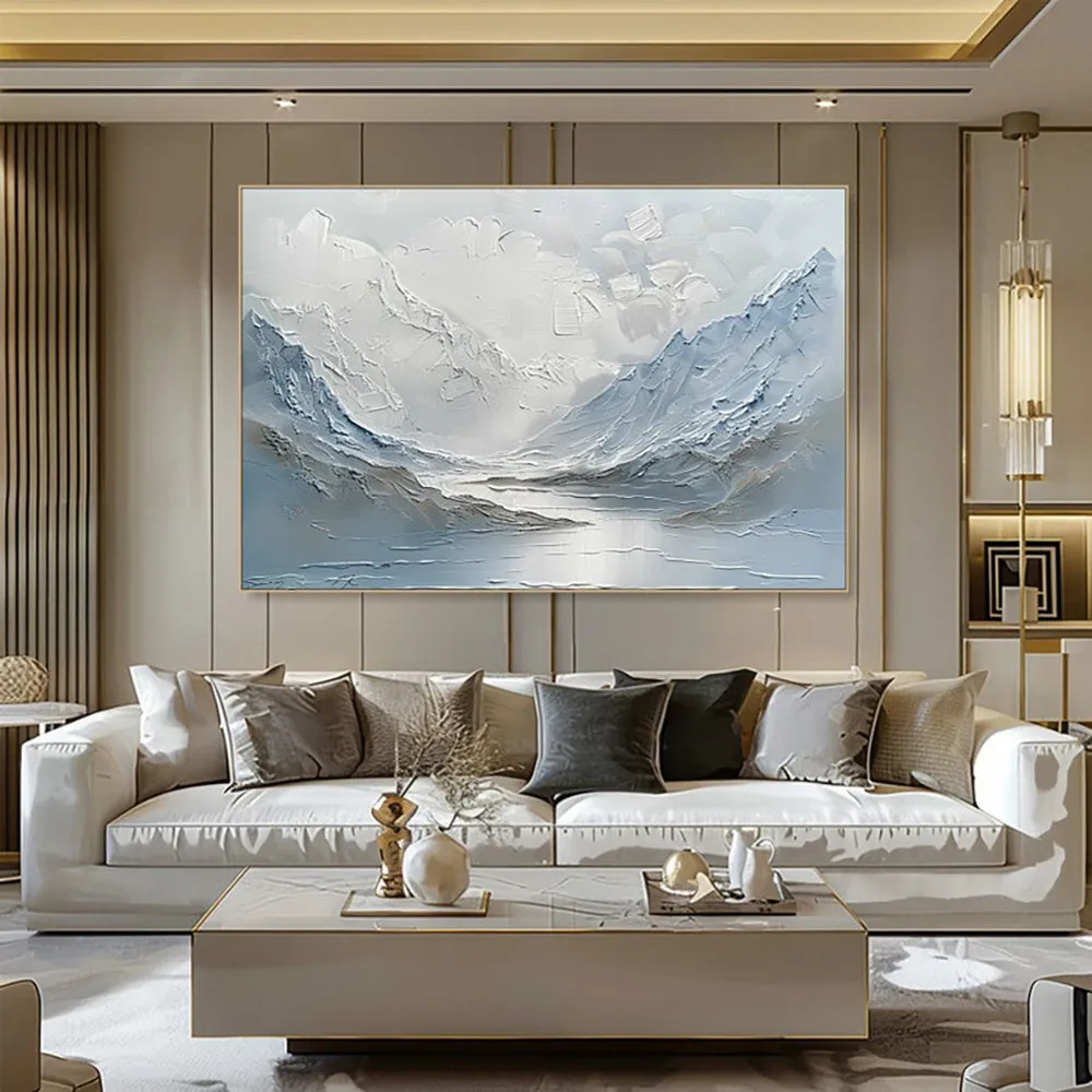Handpainted light blue and white mountain lake scenery thick canvas oil painting vertical modern unframed wall art