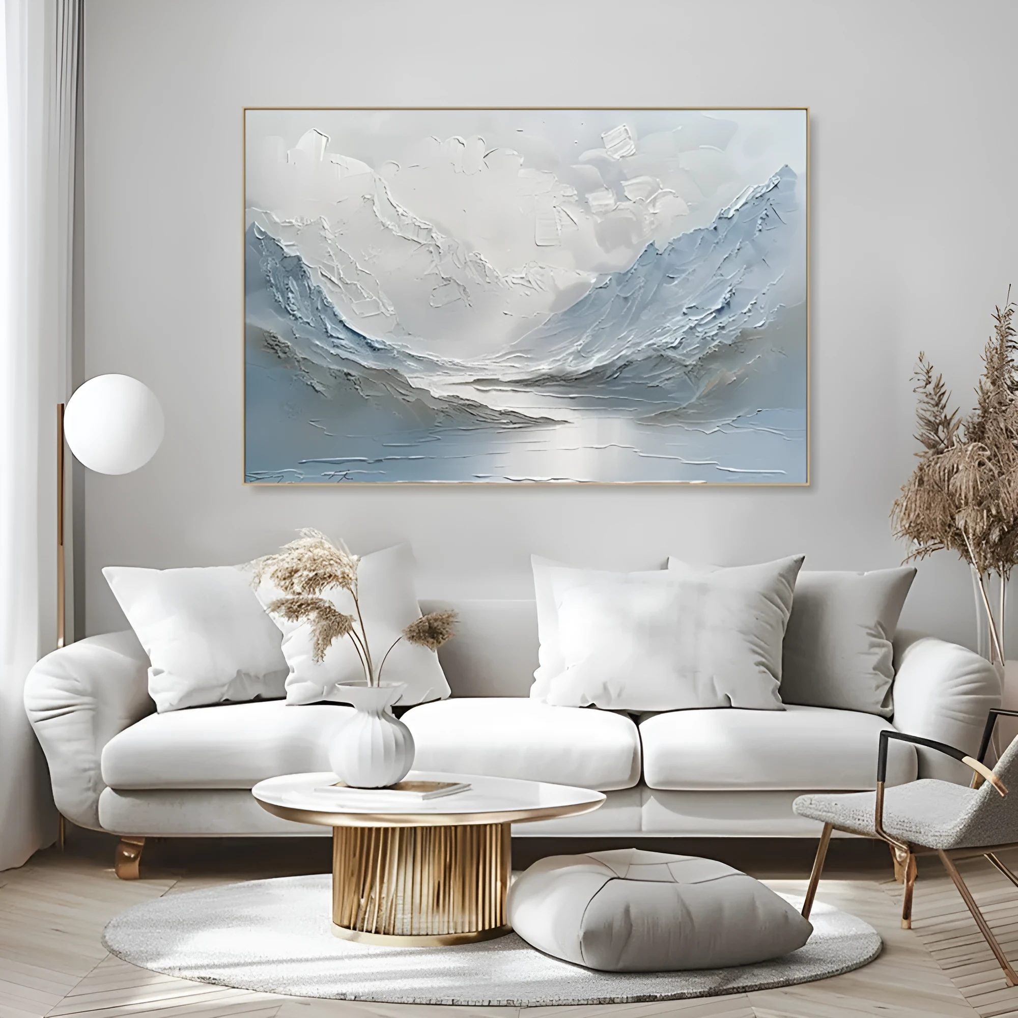 Handpainted light blue and white mountain lake scenery thick canvas oil painting vertical modern unframed wall art