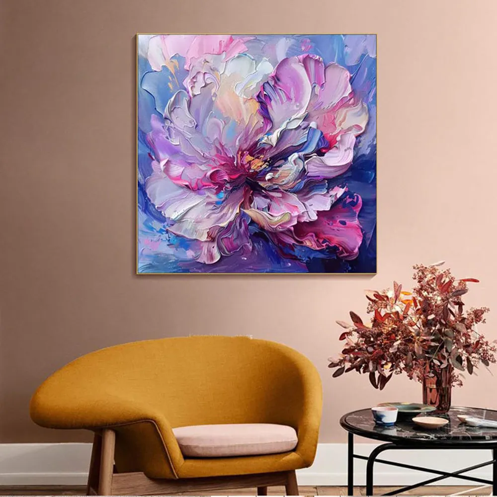 Handmade oil painting canvas wall art abstract big purple flowers square frameless unstretched