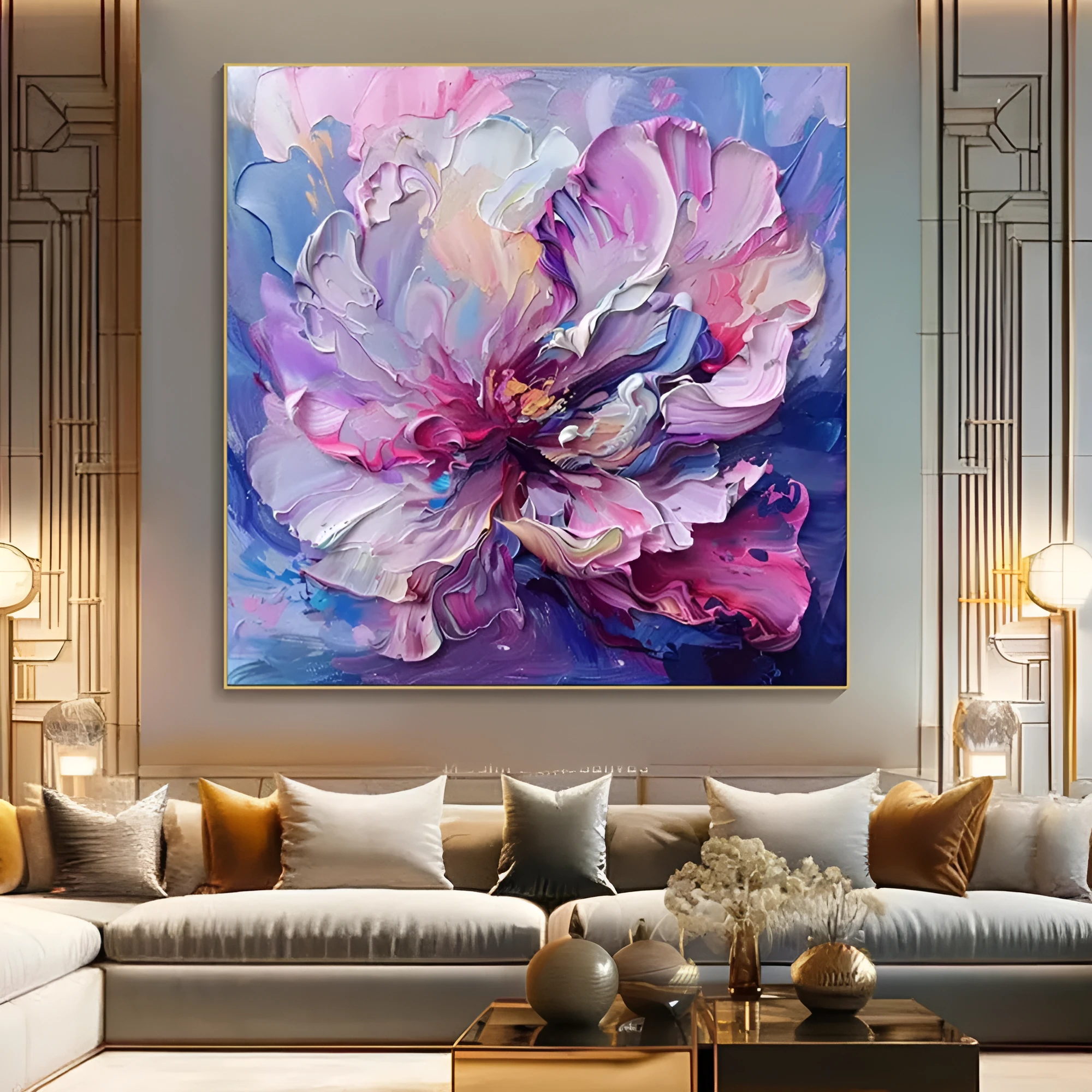 Handmade oil painting canvas wall art abstract big purple flowers square frameless unstretched