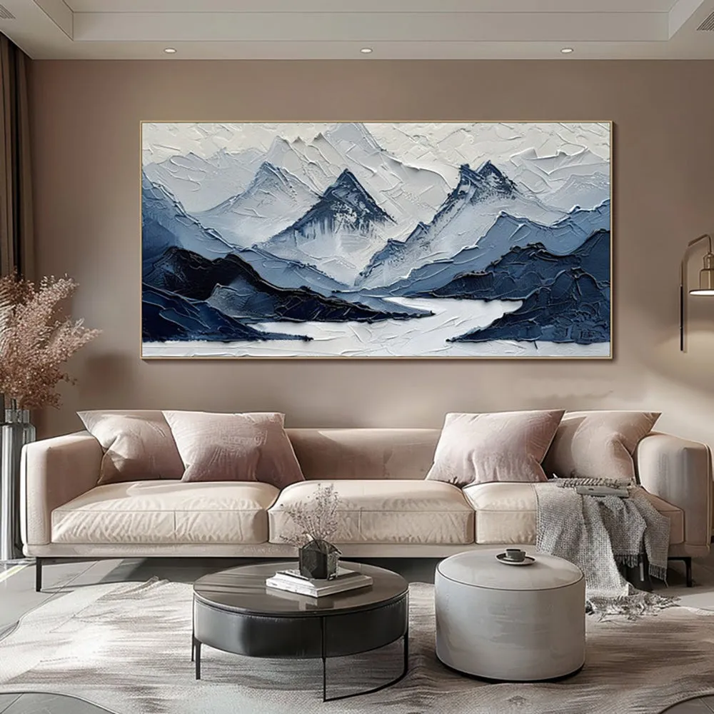 Hand-painted modern mountain landscape oil painting on canvas in navy blue and blue-grey tones for living room wall decor