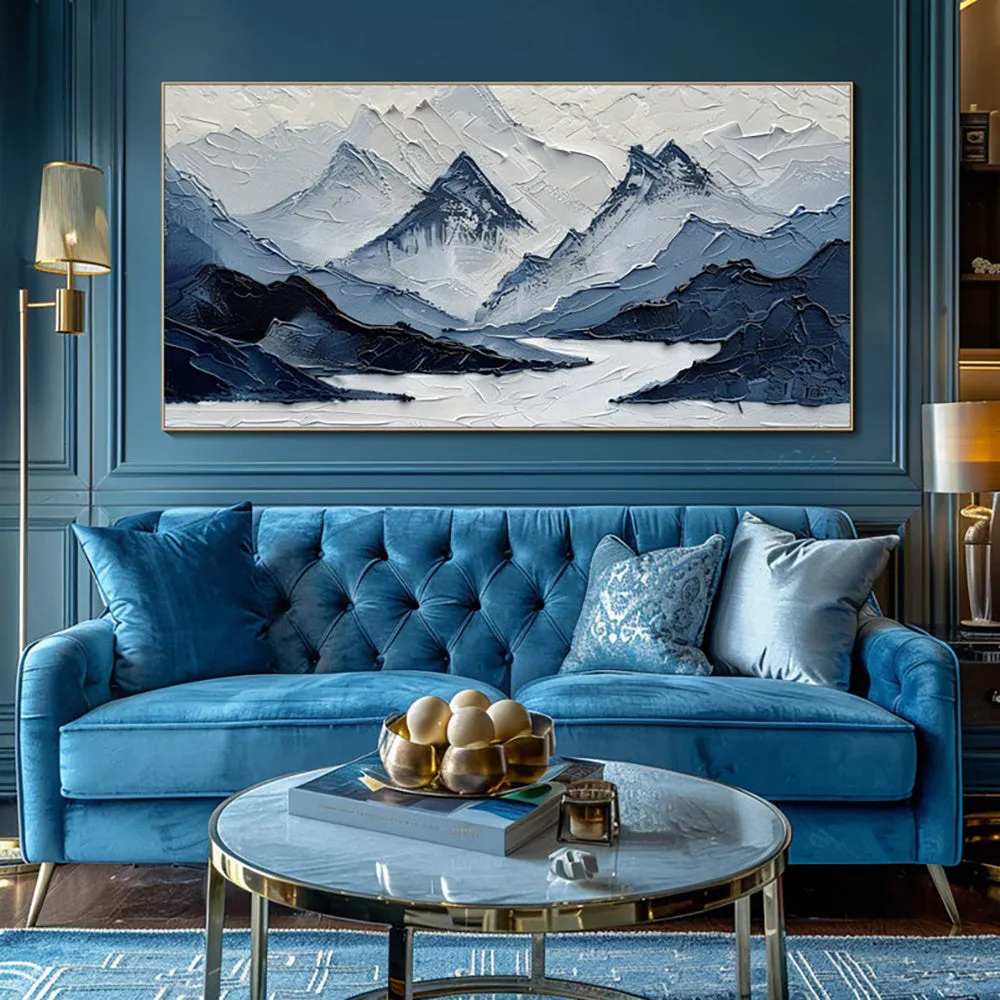 Hand-painted modern mountain landscape oil painting on canvas in navy blue and blue-grey tones for living room wall decor