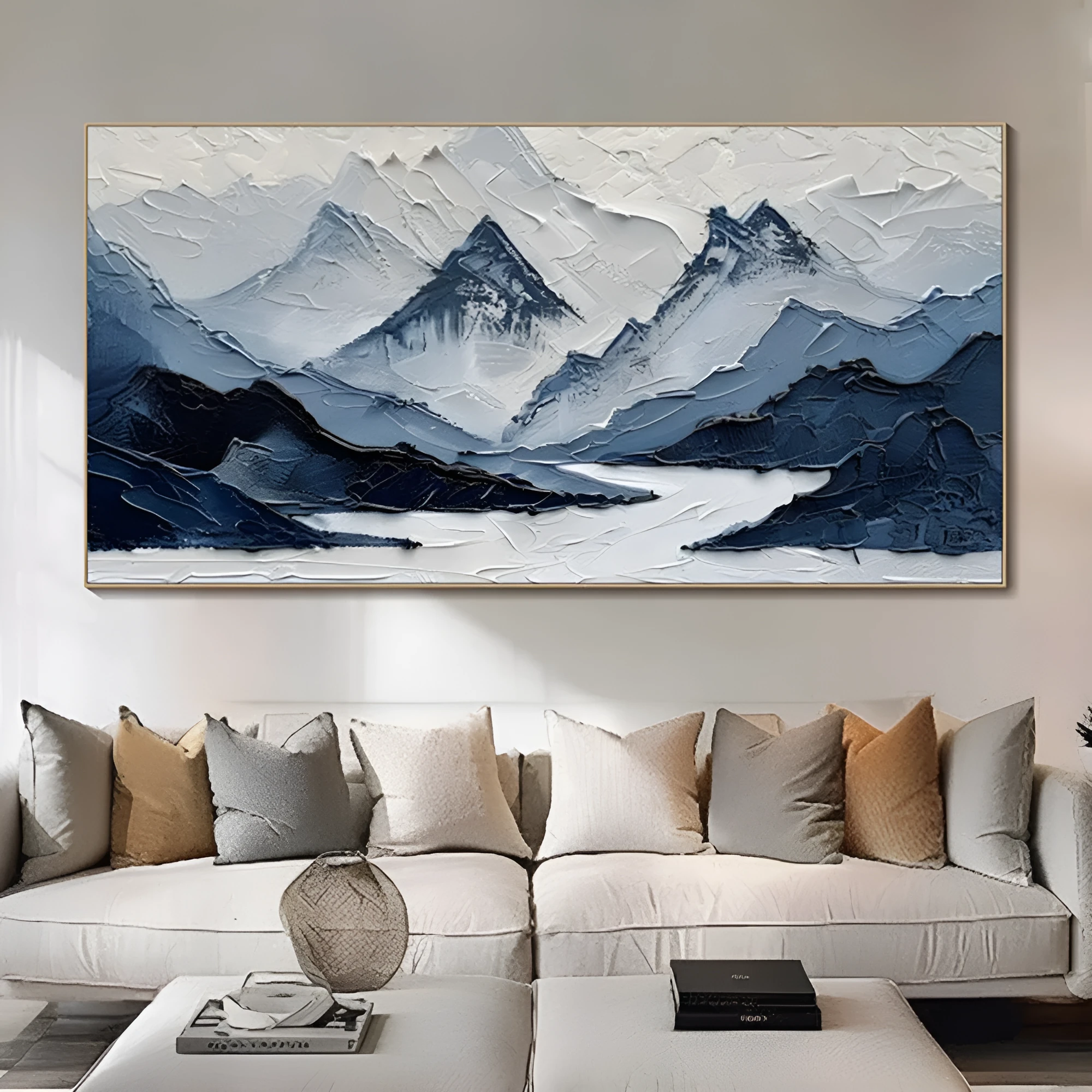 Hand-painted modern mountain landscape oil painting on canvas in navy blue and blue-grey tones for living room wall decor