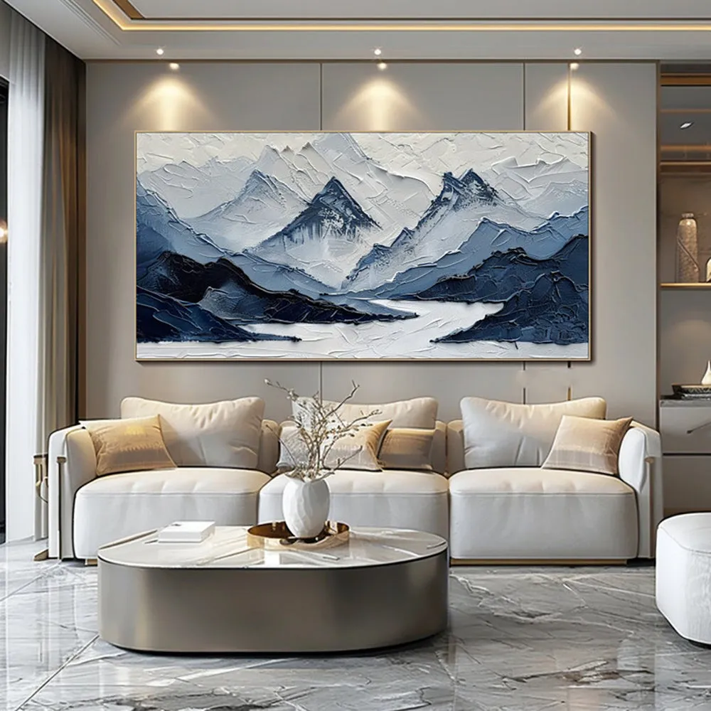 Hand-painted modern mountain landscape oil painting on canvas in navy blue and blue-grey tones for living room wall decor