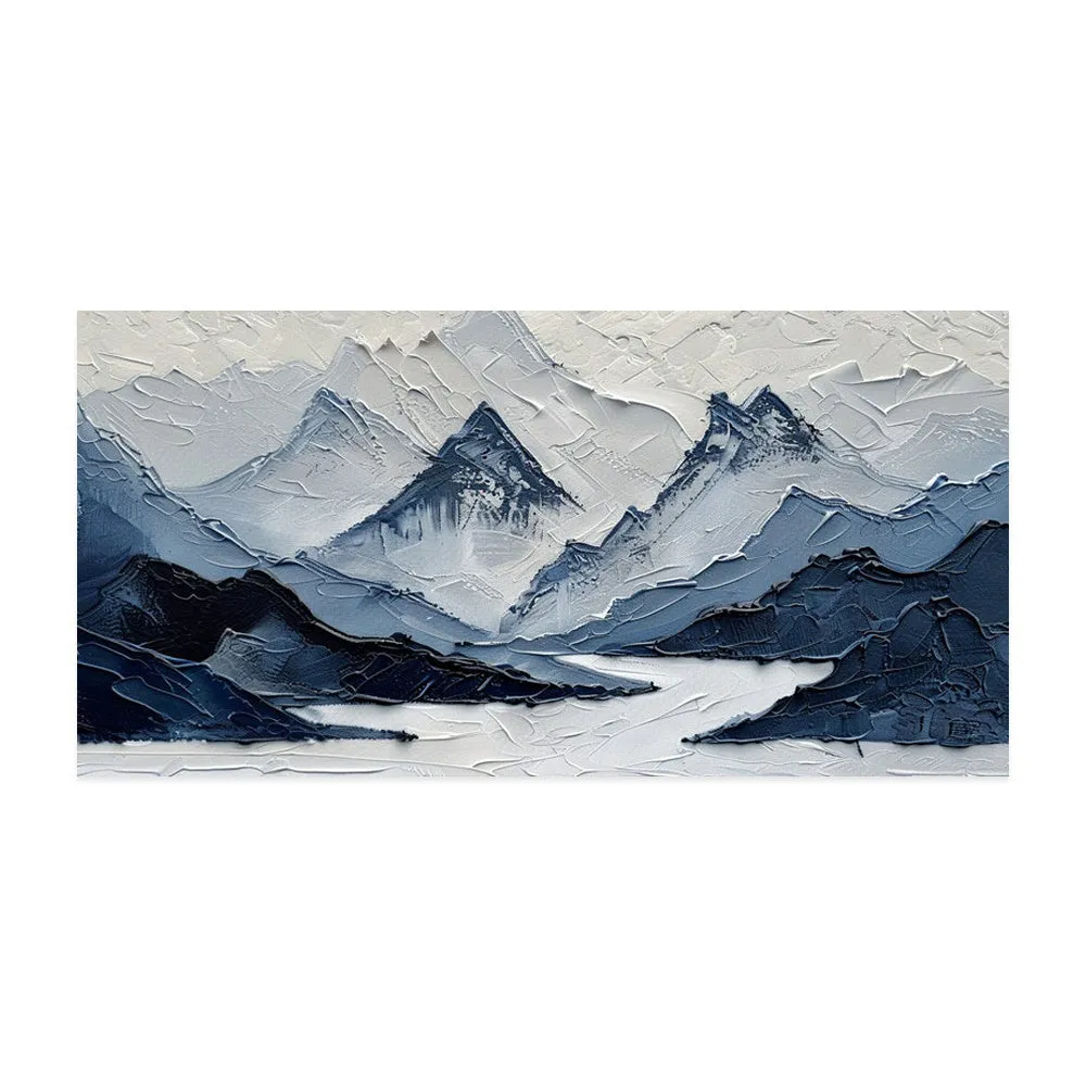 Hand-painted modern mountain landscape oil painting on canvas in navy blue and blue-grey tones for living room wall decor