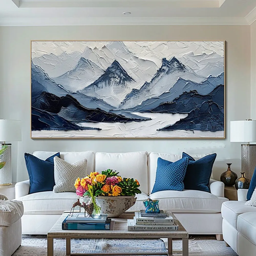 Hand-painted modern mountain landscape oil painting on canvas in navy blue and blue-grey tones for living room wall decor