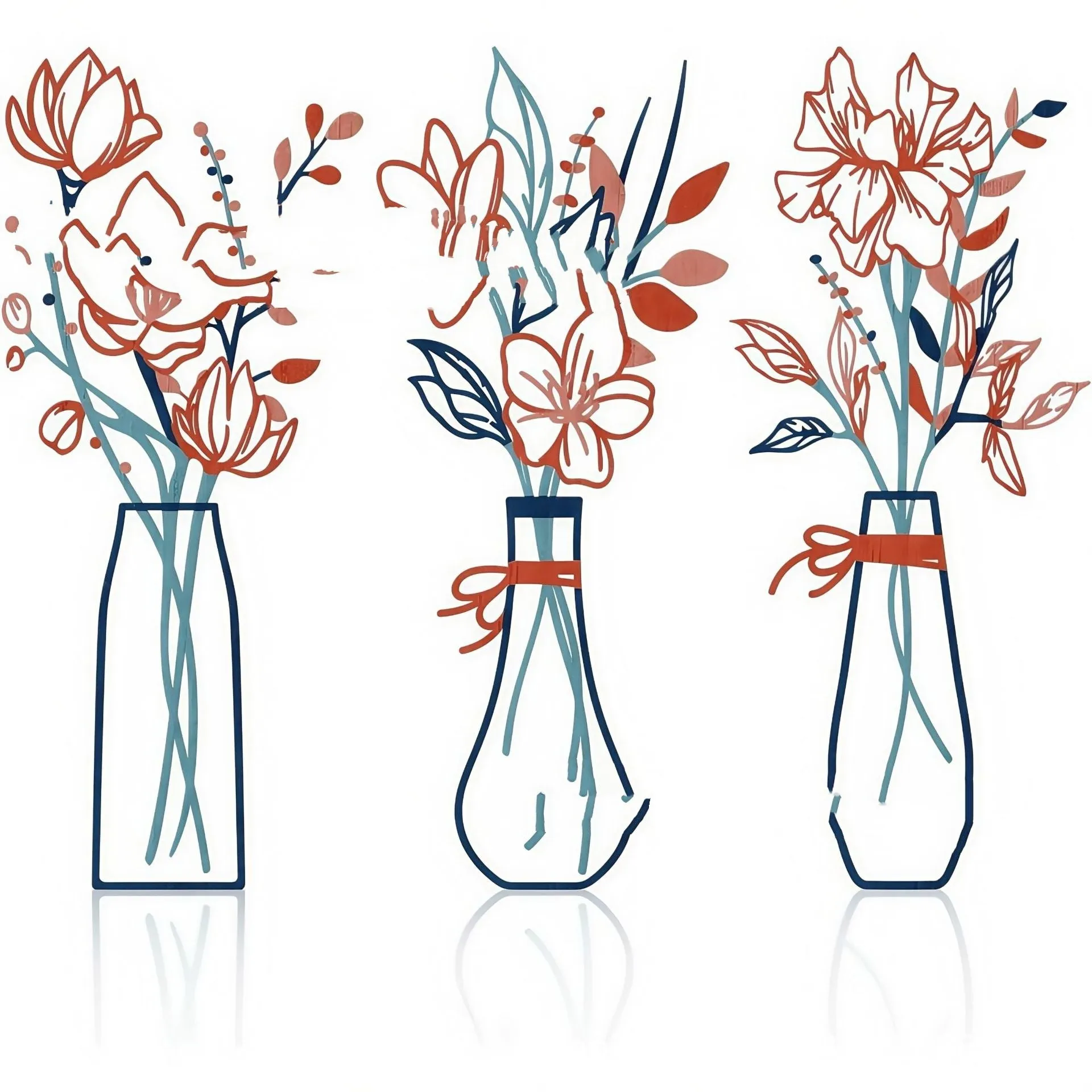 Three-piece metal flowers wall art set with colour vase designs for farmhouse country decor