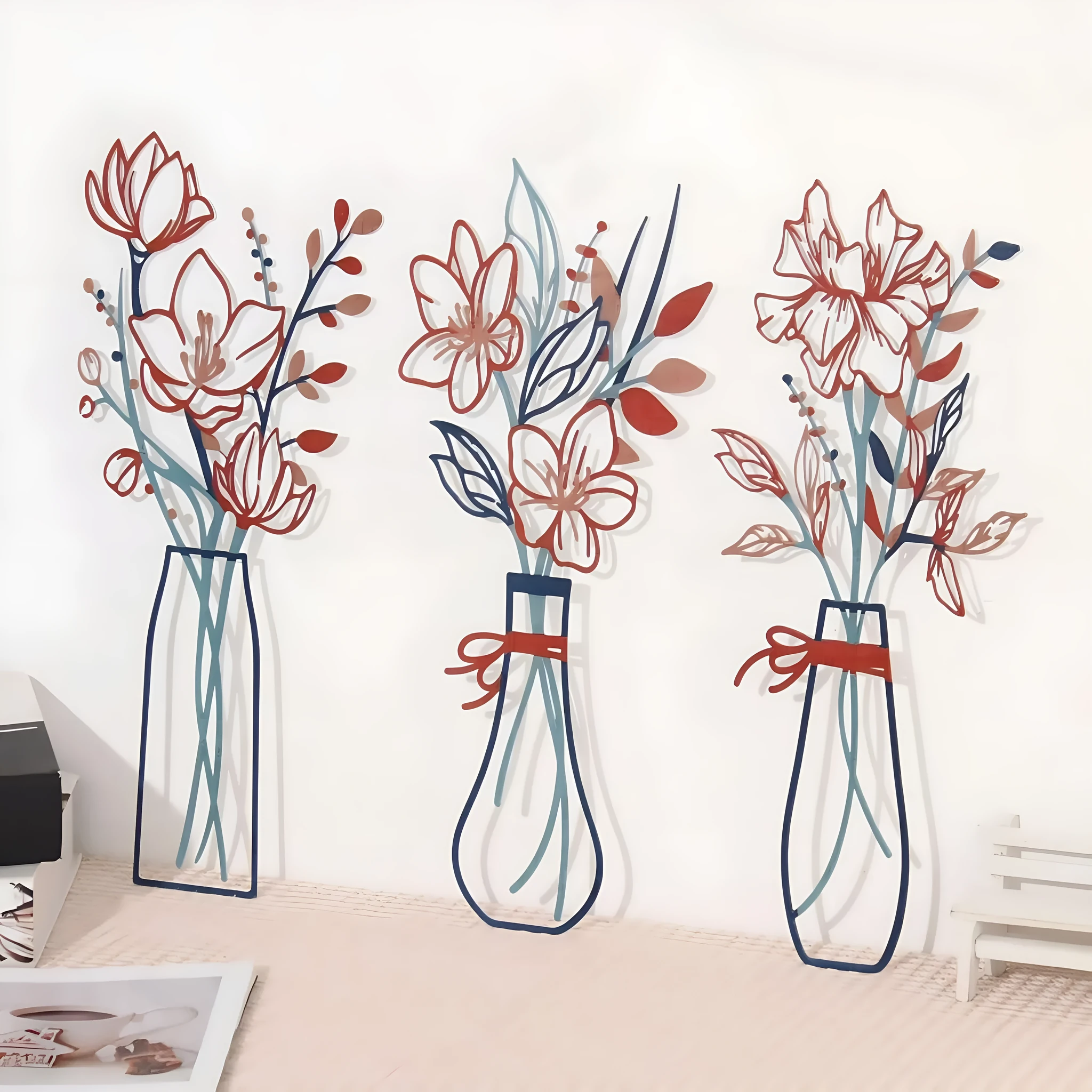 Three-piece metal flowers wall art set with colour vase designs for farmhouse country decor