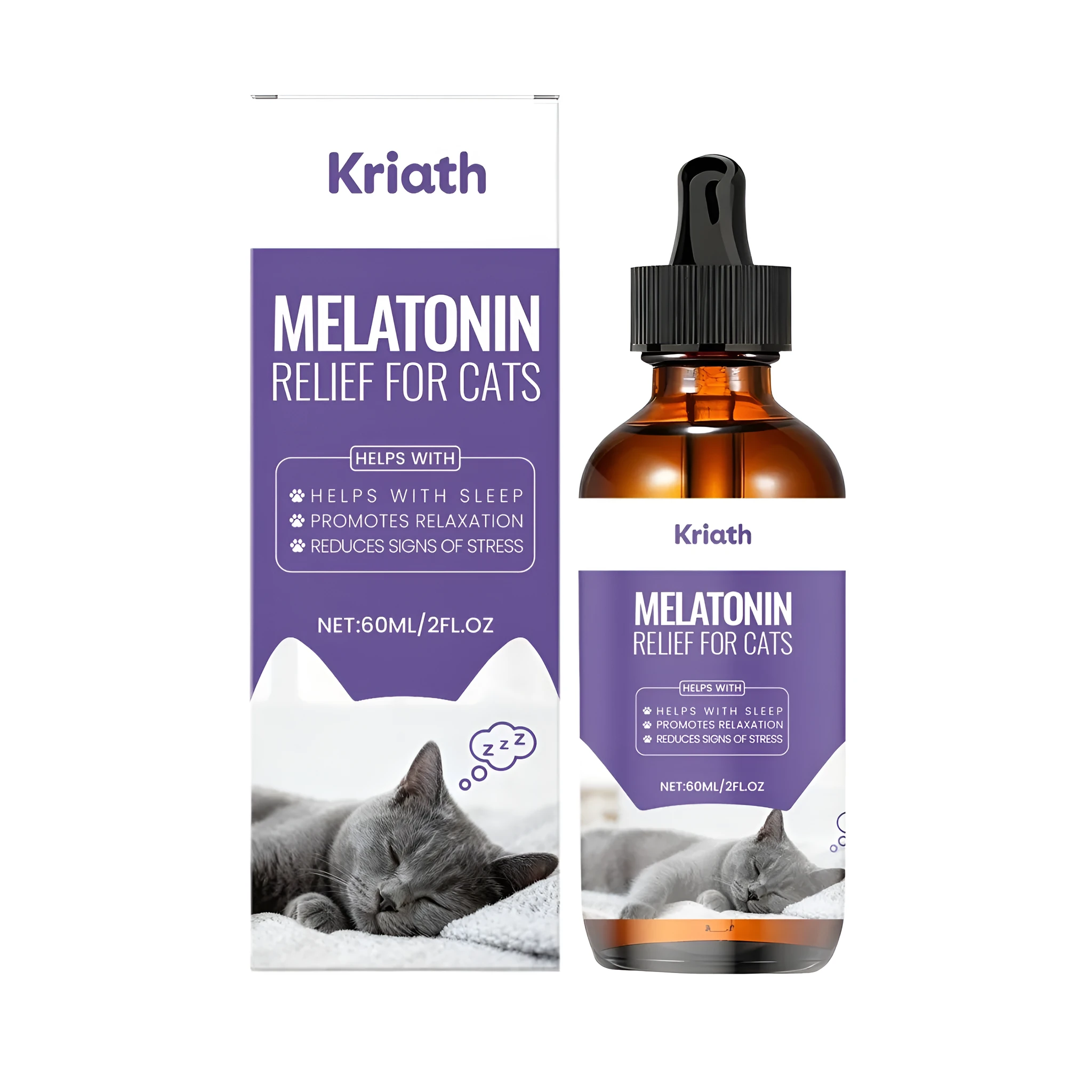 60ml bottle of melatonin and herbal supplement drops with ingredients: melatonin, L-theanine, valeriana root, withania somnifera